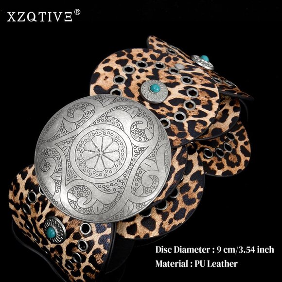 Woman's Western PU Leather Belts Concho Disc Wide Waist Belt Leopard Silver - Picture 2 of 6